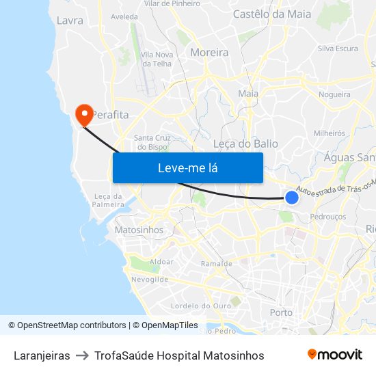 Laranjeiras to TrofaSaúde Hospital Matosinhos map