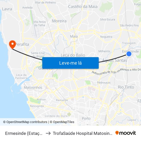 Ermesinde (Estação) to TrofaSaúde Hospital Matosinhos map