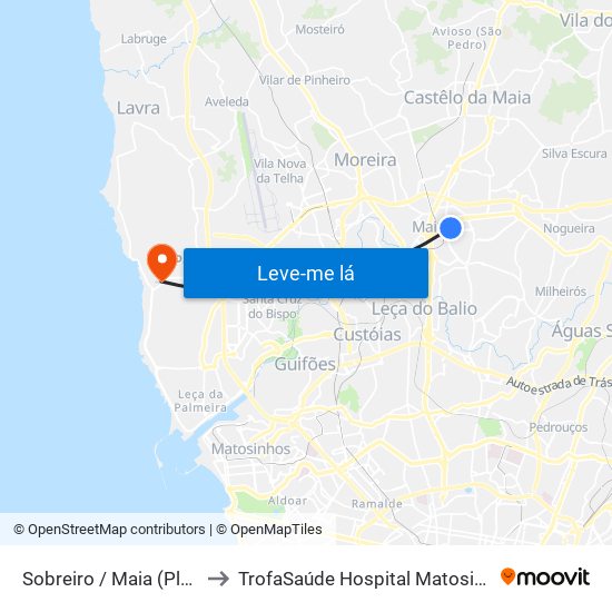 Sobreiro / Maia (Plaza) to TrofaSaúde Hospital Matosinhos map