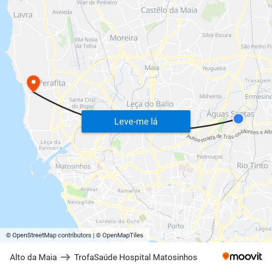 Alto da Maia to TrofaSaúde Hospital Matosinhos map