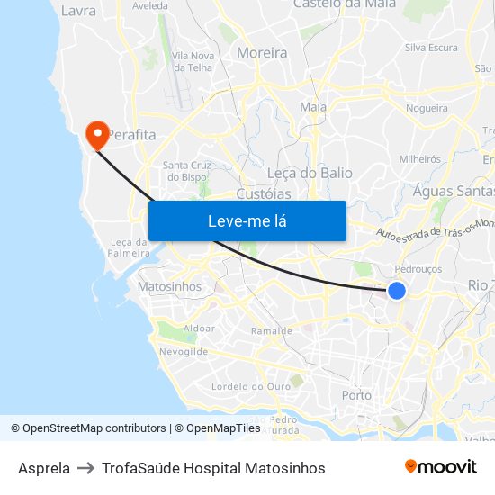 Asprela to TrofaSaúde Hospital Matosinhos map