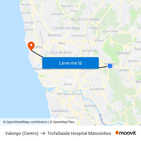 Valongo (Centro) to TrofaSaúde Hospital Matosinhos map