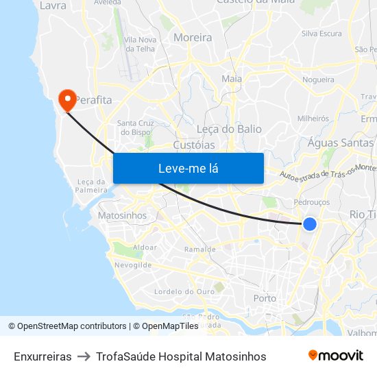 Enxurreiras to TrofaSaúde Hospital Matosinhos map