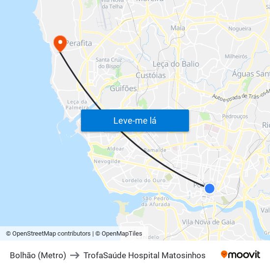 Bolhão (Metro) to TrofaSaúde Hospital Matosinhos map