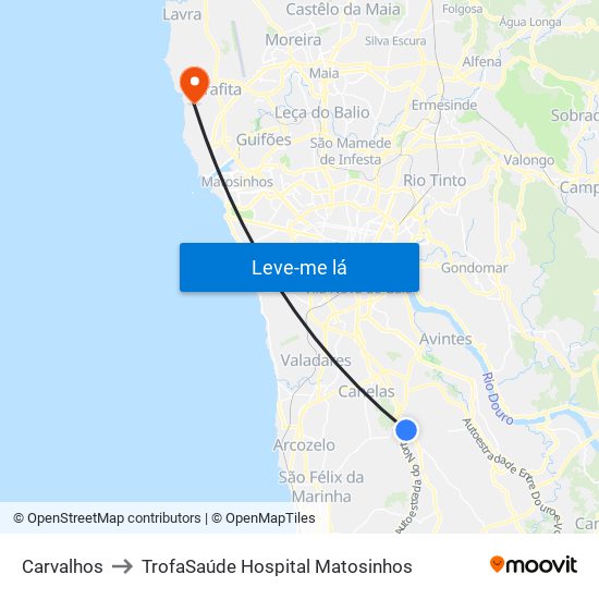 Carvalhos to TrofaSaúde Hospital Matosinhos map