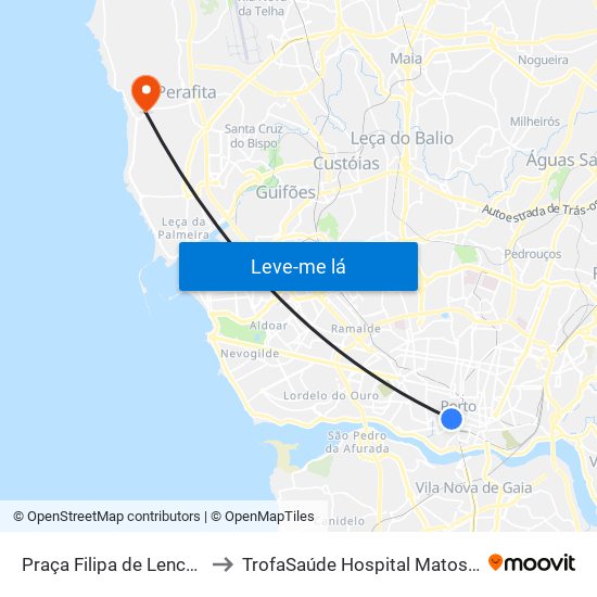 Praça Filipa de Lencastre to TrofaSaúde Hospital Matosinhos map