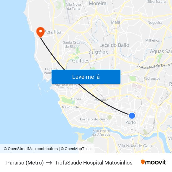 Paraíso (Metro) to TrofaSaúde Hospital Matosinhos map