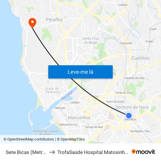 Sete Bicas (Metro) to TrofaSaúde Hospital Matosinhos map