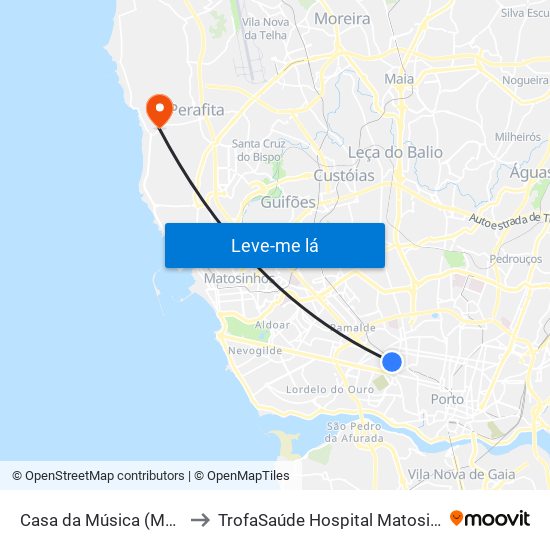 Casa da Música (Metro) to TrofaSaúde Hospital Matosinhos map