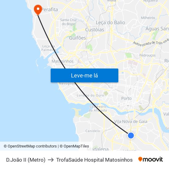 D.João II (Metro) to TrofaSaúde Hospital Matosinhos map