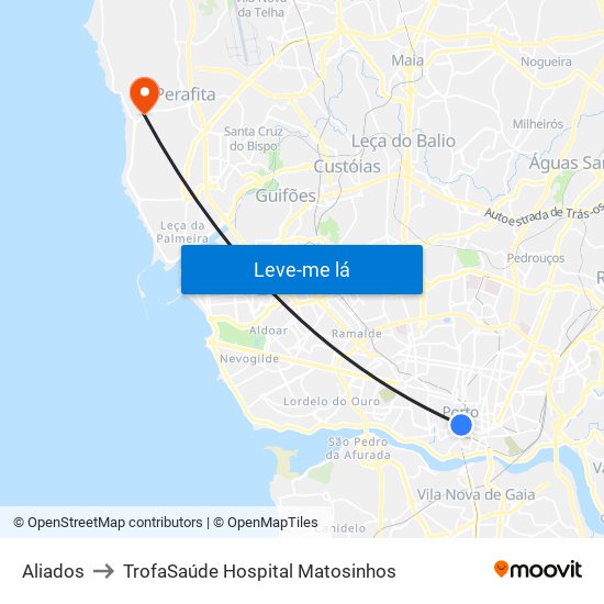 Aliados to TrofaSaúde Hospital Matosinhos map