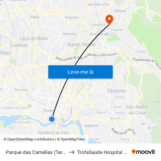 Parque das Camélias (Terminal) to TrofaSaúde Hospital Alfena map