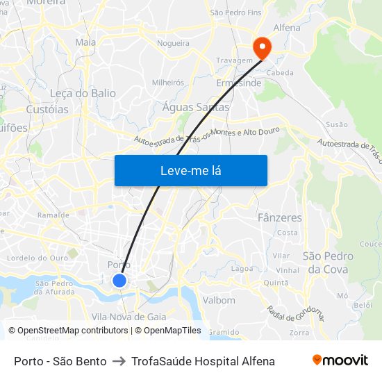 Porto - São Bento to TrofaSaúde Hospital Alfena map