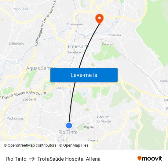 Rio Tinto to TrofaSaúde Hospital Alfena map