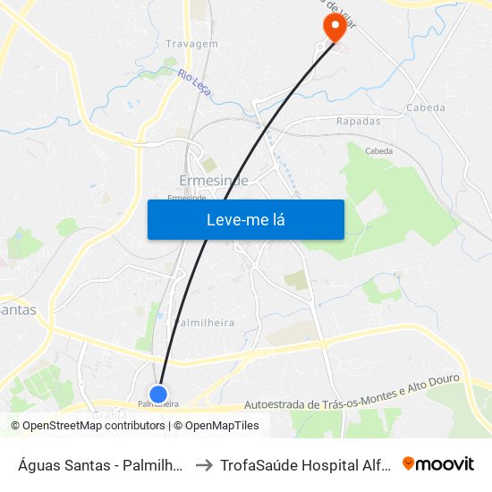 Águas Santas - Palmilheira to TrofaSaúde Hospital Alfena map