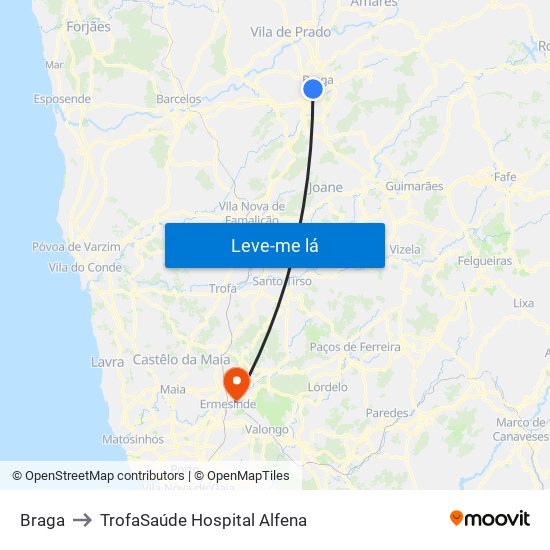 Braga to TrofaSaúde Hospital Alfena map