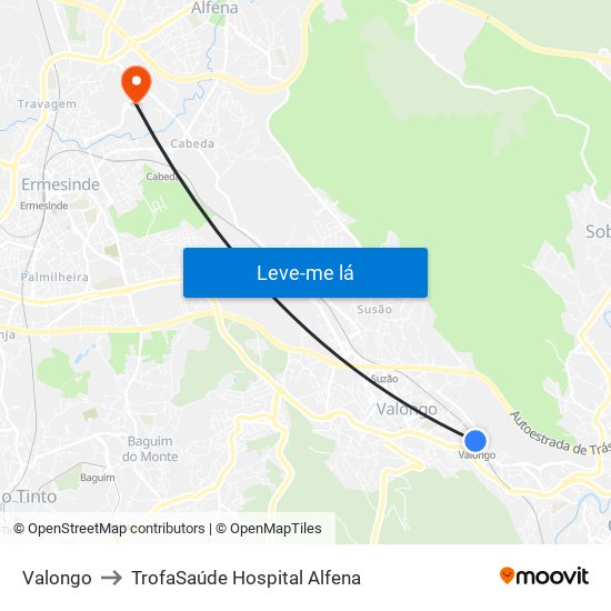 Valongo to TrofaSaúde Hospital Alfena map