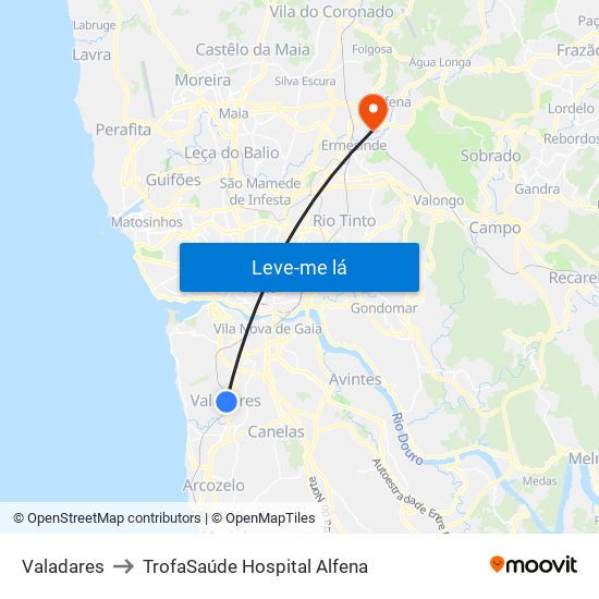 Valadares to TrofaSaúde Hospital Alfena map