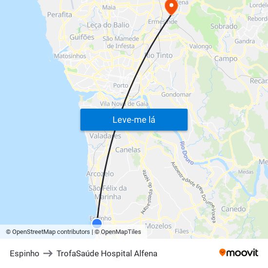 Espinho to TrofaSaúde Hospital Alfena map