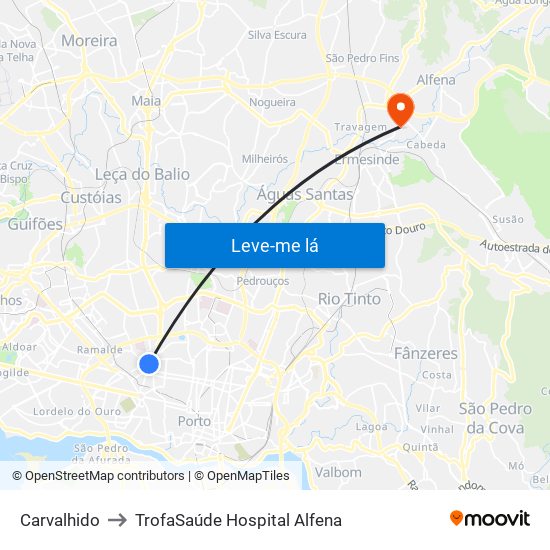 Carvalhido to TrofaSaúde Hospital Alfena map