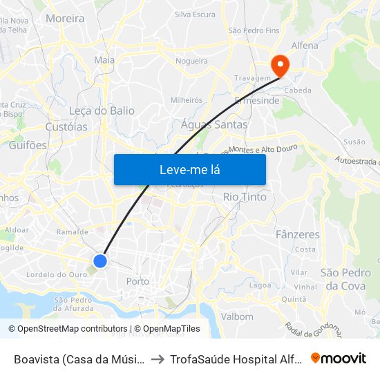 Boavista (Casa da Música) to TrofaSaúde Hospital Alfena map