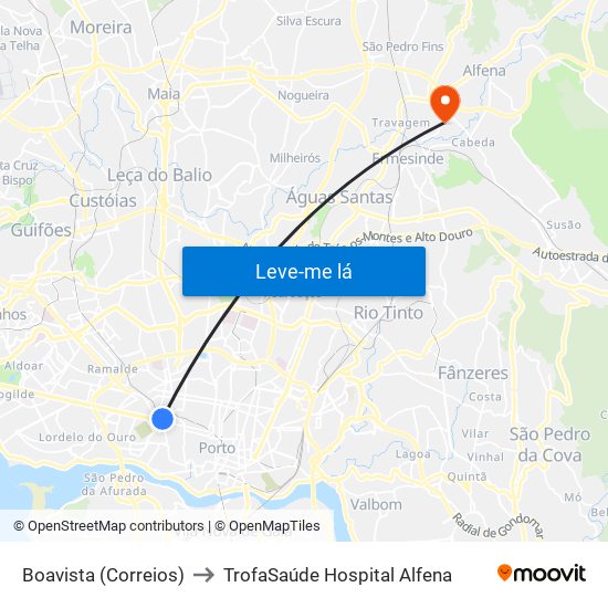 Boavista (Correios) to TrofaSaúde Hospital Alfena map
