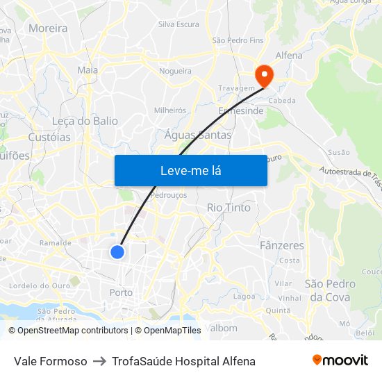 Vale Formoso to TrofaSaúde Hospital Alfena map