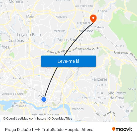 Praça D. João I to TrofaSaúde Hospital Alfena map