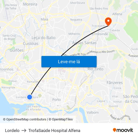 Lordelo to TrofaSaúde Hospital Alfena map