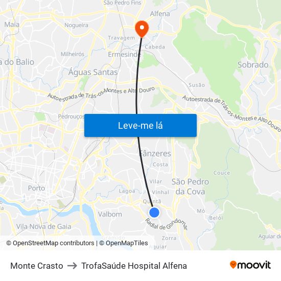 Monte Crasto to TrofaSaúde Hospital Alfena map