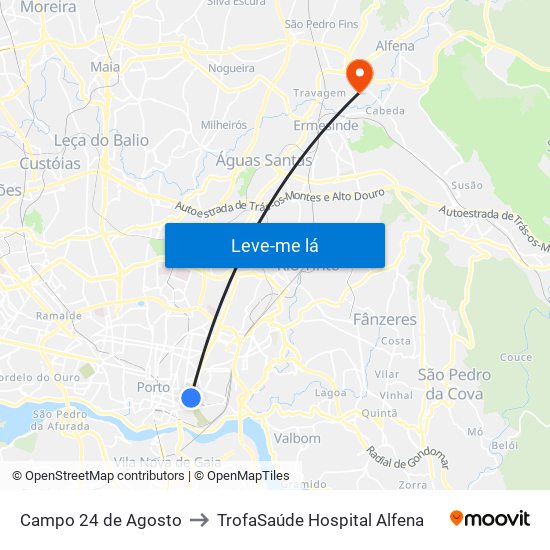 Campo 24 de Agosto to TrofaSaúde Hospital Alfena map