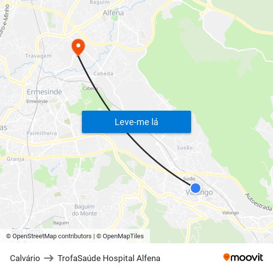 Calvário to TrofaSaúde Hospital Alfena map