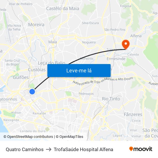 Quatro Caminhos to TrofaSaúde Hospital Alfena map