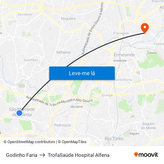 Godinho Faria to TrofaSaúde Hospital Alfena map