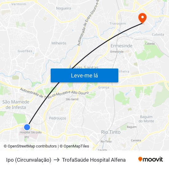 Ipo (Circunvalação) to TrofaSaúde Hospital Alfena map