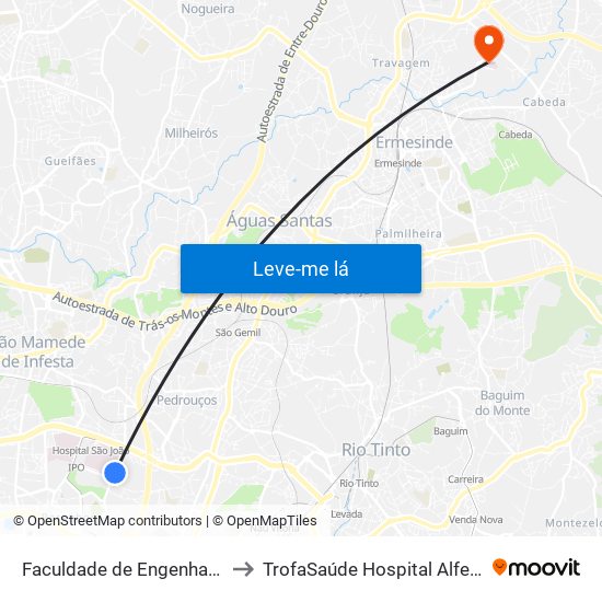 Faculdade de Engenharia to TrofaSaúde Hospital Alfena map