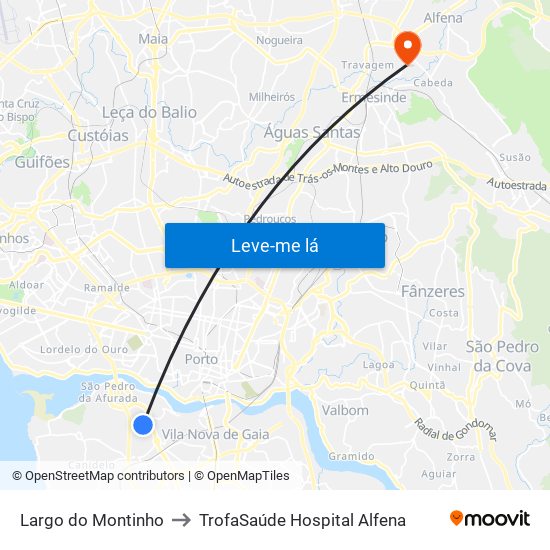 Largo do Montinho to TrofaSaúde Hospital Alfena map