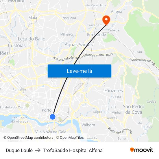 Duque Loulé to TrofaSaúde Hospital Alfena map