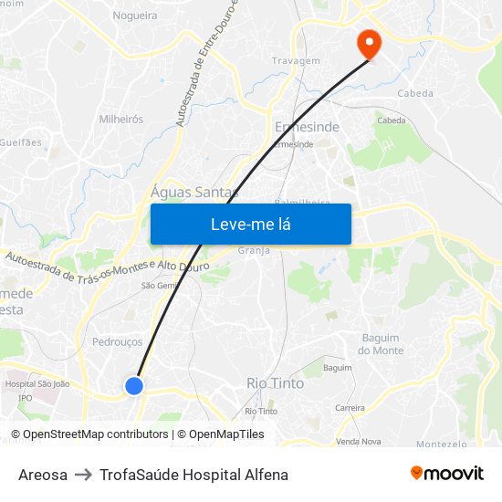 Areosa to TrofaSaúde Hospital Alfena map