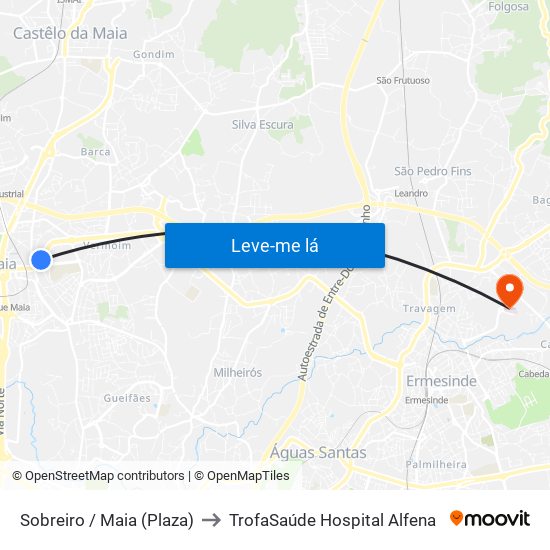 Sobreiro / Maia (Plaza) to TrofaSaúde Hospital Alfena map