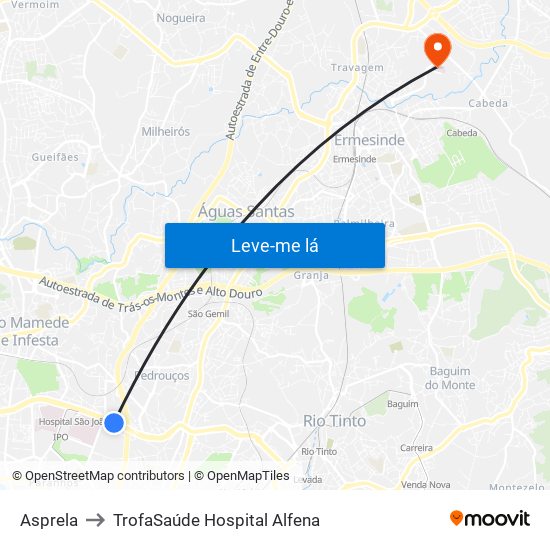 Asprela to TrofaSaúde Hospital Alfena map