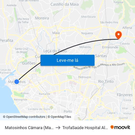 Matosinhos Câmara (Matc1) to TrofaSaúde Hospital Alfena map