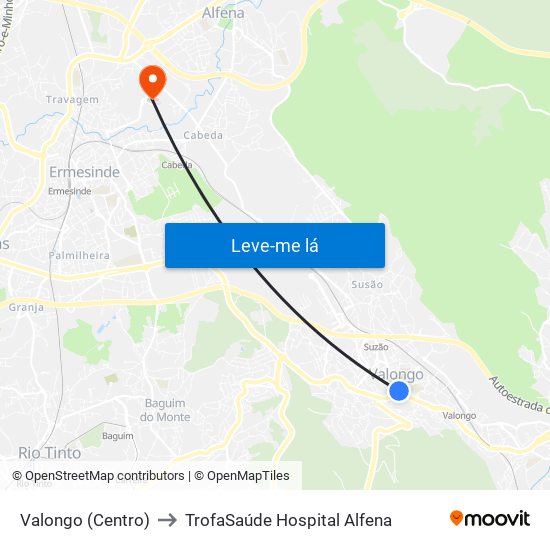 Valongo (Centro) to TrofaSaúde Hospital Alfena map