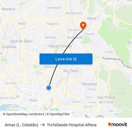Antas (L. Cidadão) to TrofaSaúde Hospital Alfena map