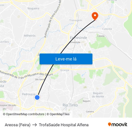 Areosa (Feira) to TrofaSaúde Hospital Alfena map