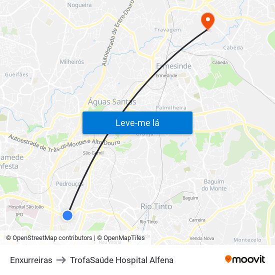 Enxurreiras to TrofaSaúde Hospital Alfena map