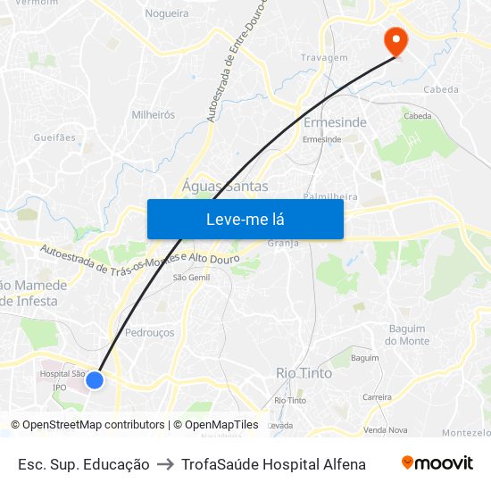 Esc. Sup. Educação to TrofaSaúde Hospital Alfena map