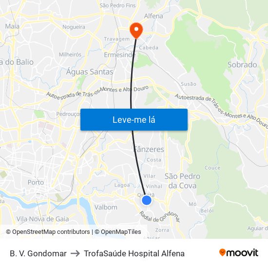 B. V. Gondomar to TrofaSaúde Hospital Alfena map