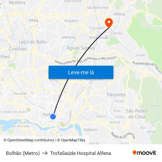 Bolhão (Metro) to TrofaSaúde Hospital Alfena map