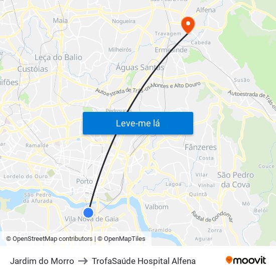 Jardim do Morro to TrofaSaúde Hospital Alfena map